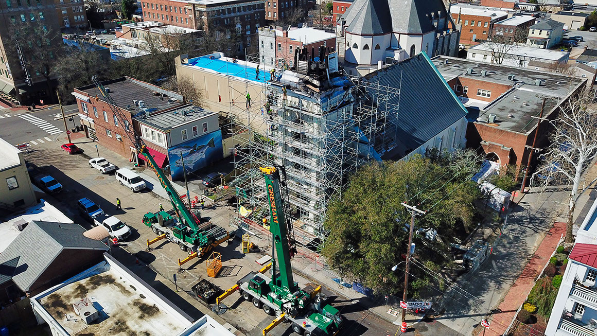 Fire abatement and select demolition after fire inside United Methodist Church steeple, Portsmout VA