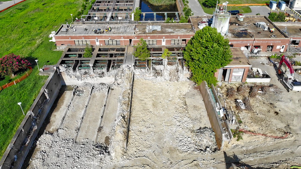 Aerial view of holding wells at treatment plant demolition