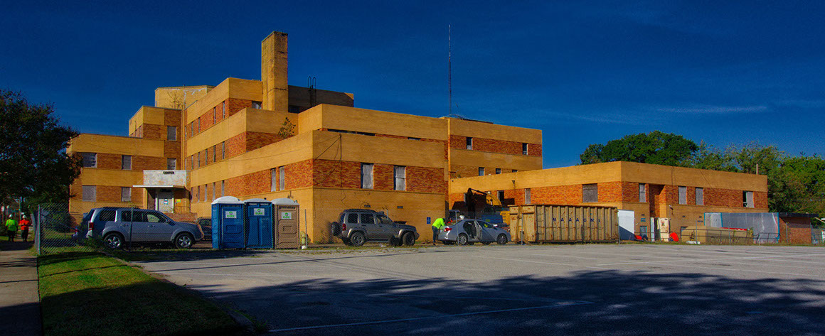 Wittaker Buliding-View of abandoned hospital before improvement and repurposing.