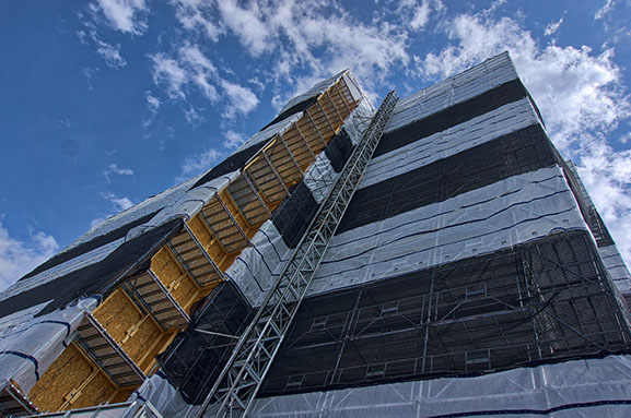 Ground view looking up at scaffolding, Ivy Tower, Hampton VA