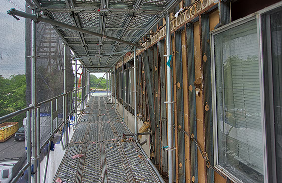 Inside scaffolding, Ivy Tower select demolition, Hampton VA