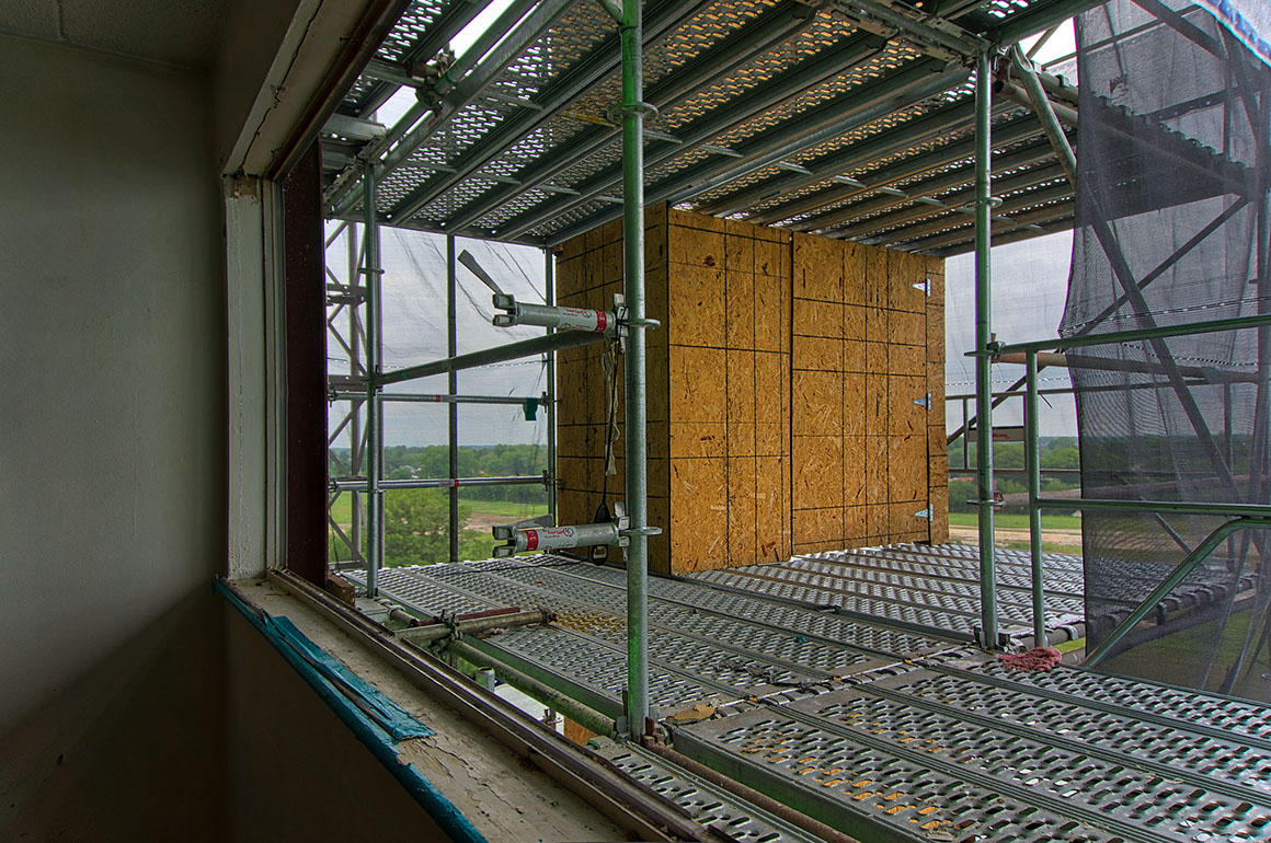 View looking out from interior of safety scaffolding, Ivy Tower, Hampton VA