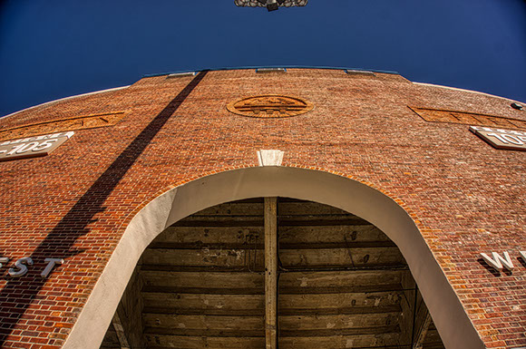 View of Foreman Field logo in brickwork of stadium prior to demolition.