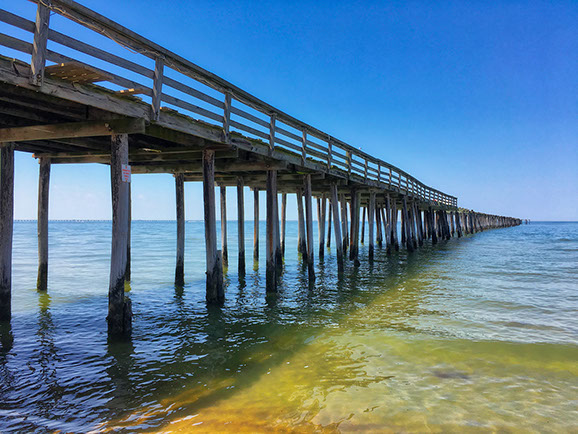 Lynnhaven Fishing Pier-view showing damaged pilings from time and exposure