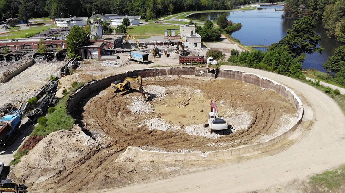 Drone image of underground water holding tank demolished by Macsons at Lee Hall Water Treatement Plant